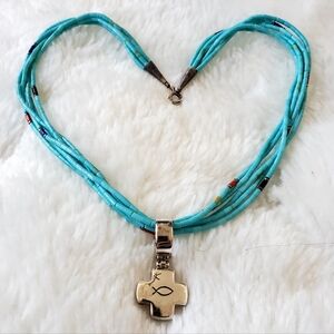 Rare Silpada Retired Sterling Cross Pendant Turquoise Necklace N0636